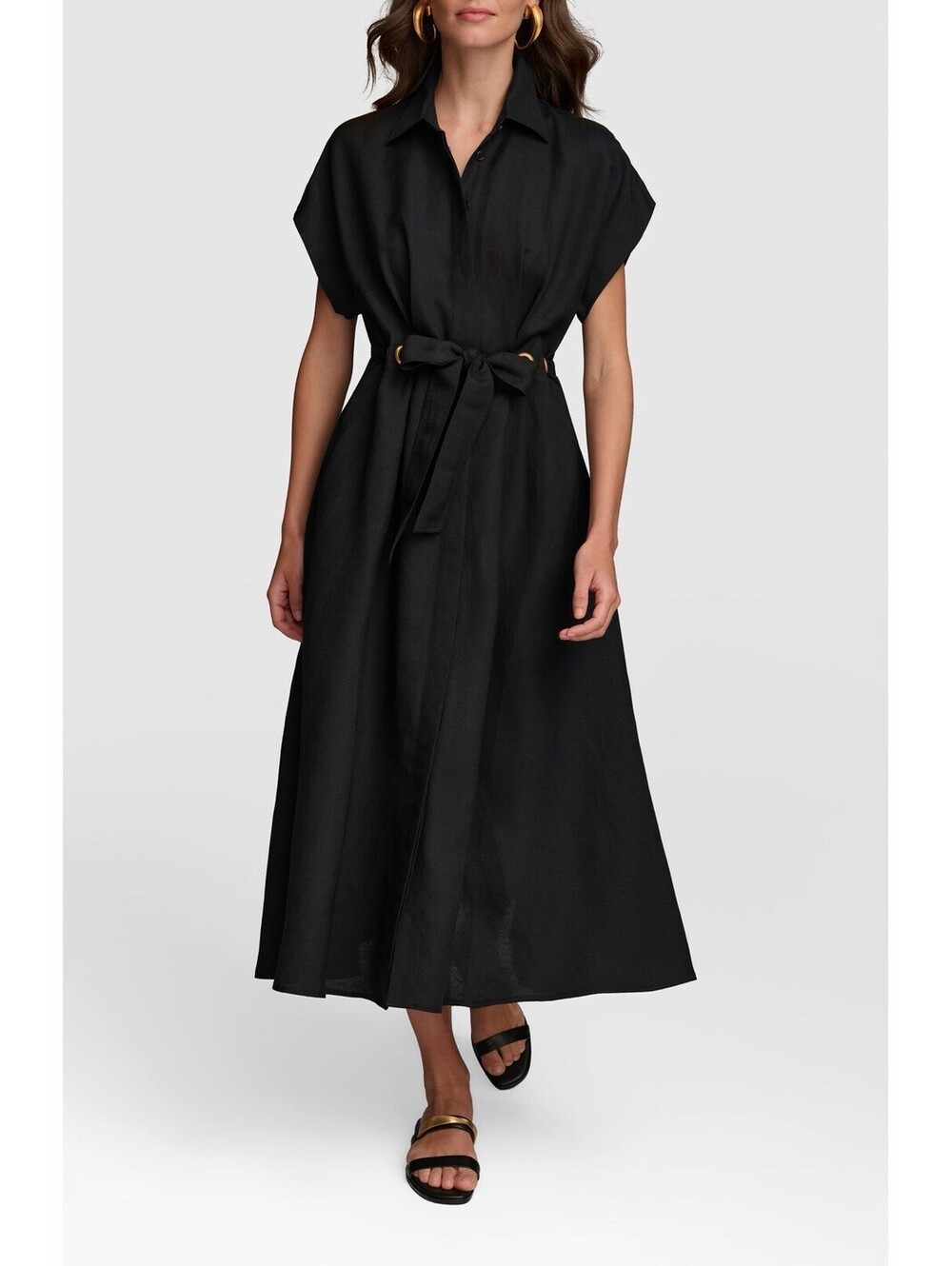 New Donna Karan New York Drawstring Waist Linen Blend Shirtdress In Black Sz 8